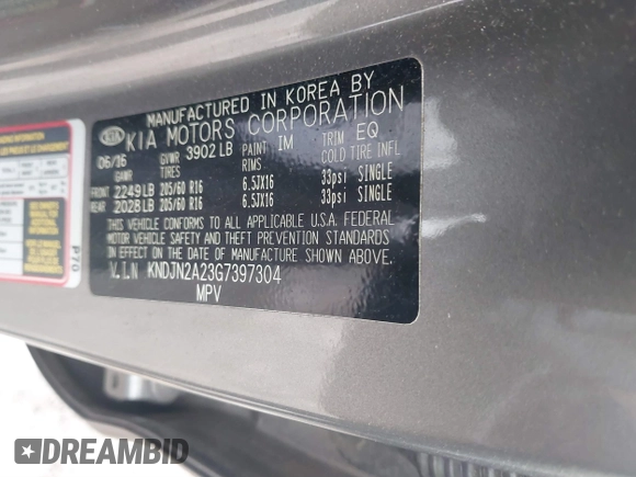 2016 Kia Soul with VIN KNDJN2A23G7397304, listed as a IAAI auction lot 41795662 with 37,494 mi miles. Bid and sale history available at carsss.com. Image 9.