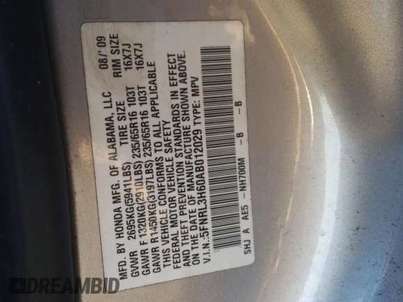 2010 Honda Odyssey EX-L with VIN 5FNRL3H60AB012029, listed as a Copart auction lot 41466155 with 175,048 mi miles and Salvage Title. Bid and sale history available at carsss.com. Image 15.