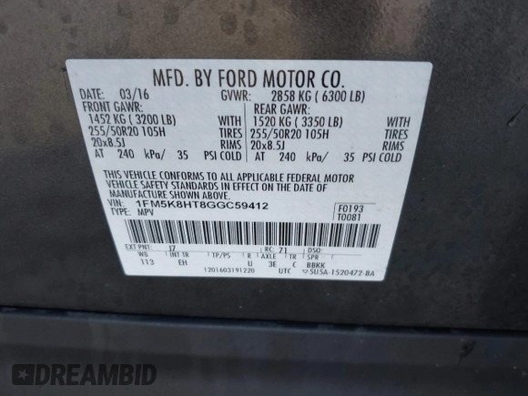 2016 Ford Explorer Platinum z VIN 1FM5K8HT8GGC59412, wystawiony jako IAAI lot #41859172 z przebiegiem 101 631 mil mil oraz . Historia ofert i sprzedaży dostępna na DreamBid. Obrazek 9.
