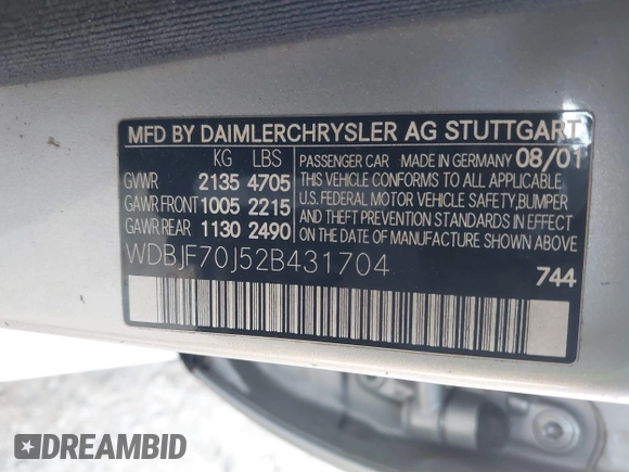 2002 Mercedes-Benz E 320 with VIN WDBJF70J52B431704, listed as a IAAI auction lot 41304419 with 271,140 mi miles and . Bid and sale history available at DreamBid. Image 9.