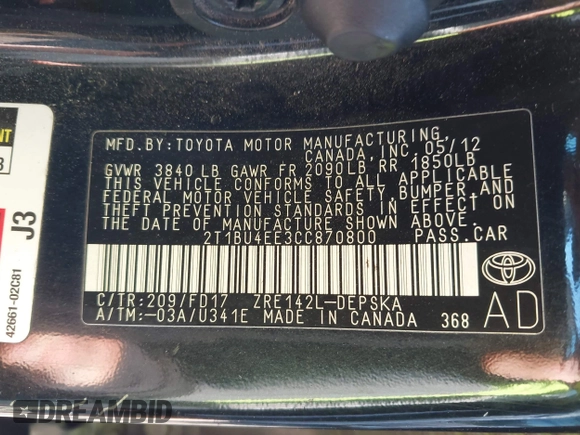 2012 Toyota Corolla L with VIN 2T1BU4EE3CC870800, listed as a IAAI auction lot 42109734 with 228,998 mi miles and . Bid and sale history available at DreamBid. Image 9.