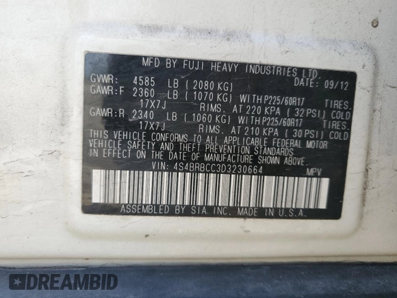 2013 Subaru Outback Premium z VIN 4S4BRBCC3D3230664, wystawiony jako Copart lot #58220135 z przebiegiem 157 419 mil mil oraz Szkoda całkowita • Salvage title. Historia ofert i sprzedaży dostępna na DreamBid. Obrazek 13.
