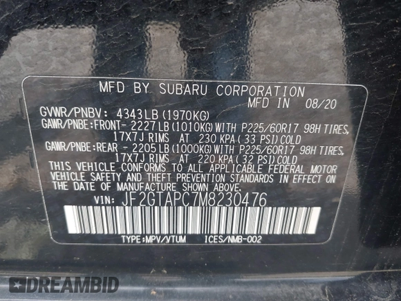2021 Subaru Crosstrek Premium with VIN JF2GTAPC7M8230476, listed as a IAAI auction lot 42498203 with 86,360 mi miles and . Bid and sale history available at DreamBid. Image 9.