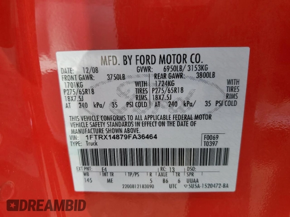 2009 Ford F-150 STX with VIN 1FTRX14879FA36464, listed as a Copart auction lot 64385665 with 151,610 mi miles and Salvage title. Bid and sale history available at DreamBid. Image 12.