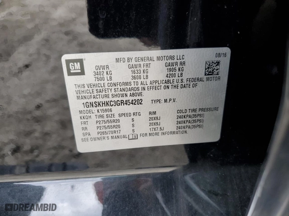2016 Chevrolet Suburban LT with VIN 1GNSKHKC3GR454202, listed as a Copart auction lot 50361885 with 147,535 mi miles and Salvage Title. Bid and sale history available at carsss.com. Image 13.