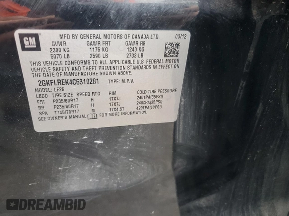 2012 GMC Terrain SLE-1 with VIN 2GKFLREK4C6310281, listed as a Copart auction lot 61061605 with 111,742 mi miles and Salvage title. Bid and sale history available at DreamBid. Image 14.