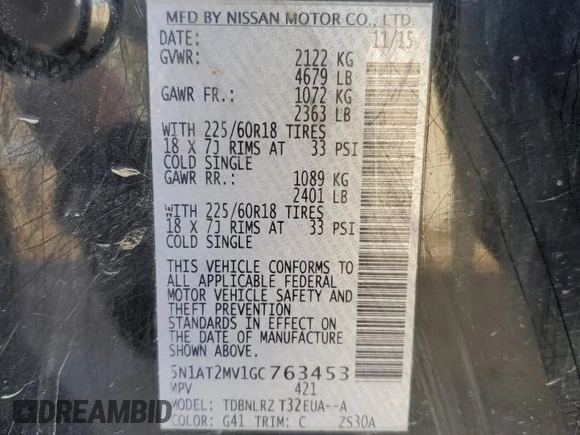 2016 Nissan Rogue SL with VIN 5N1AT2MV1GC763453, listed as a Copart auction lot 45468965 with 135,802 mi miles and Salvage Title. Bid and sale history available at DreamBid. Image 12.