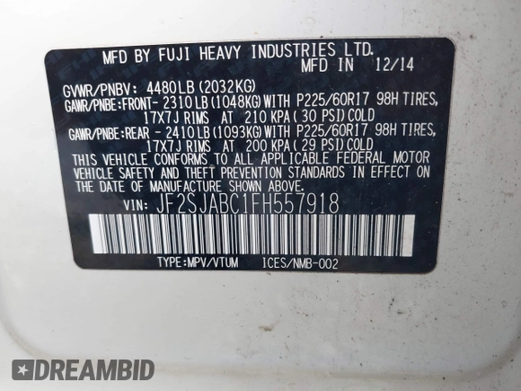 2015 Subaru Forester 2.5i with VIN JF2SJABC1FH557918, listed as a IAAI auction lot 42645355 with 288,345 mi miles and . Bid and sale history available at DreamBid. Image 9.