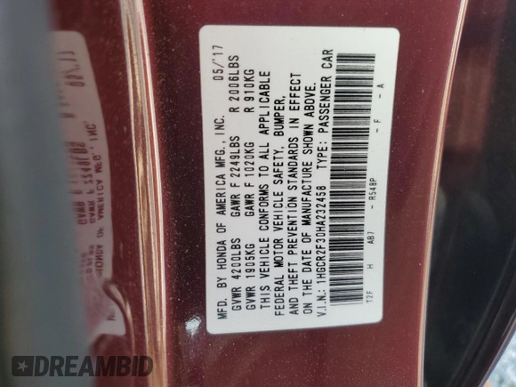2017 Honda Accord LX with VIN 1HGCR2F30HA232458, listed as a Copart auction lot 50519515 with 126,589 mi miles and Salvage Title. Bid and sale history available at carsss.com. Image 12.