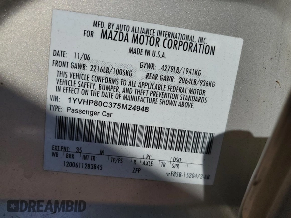 2007 Mazda 6 i Touring with VIN 1YVHP80C375M24948, listed as a Copart auction lot 89311445 with 91,227 mi miles and Salvage Title. Bid and sale history available at DreamBid. Image 12.