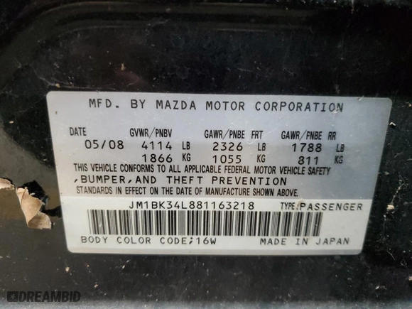 2008 Mazda Mazda3 Mazdaspeed3 GT *Ltd Avail* with VIN JM1BK34L881163218, listed as a Copart auction lot 86051404 with NaN miles and Salvage Title. Bid and sale history available at carsss.com. Image 12.