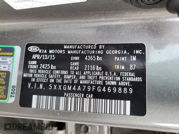 2015 Kia Optima LX with VIN 5XXGM4A79FG469889, listed as a Copart auction lot 56784545 with 95,549 mi miles and Clean Title. Bid and sale history available at DreamBid. Image 12.