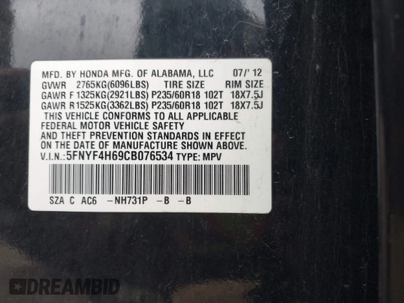 2012 Honda Pilot EX-L with VIN 5FNYF4H69CB076534, listed as a IAAI auction lot 41853158 with 189,003 mi miles. Bid and sale history available at carsss.com. Image 9.