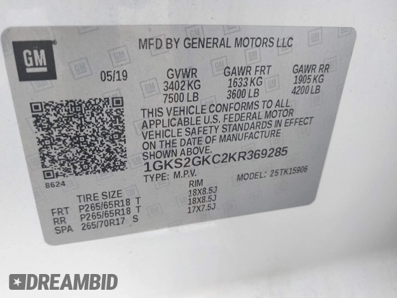 2019 GMC Yukon XL SLT with VIN 1GKS2GKC2KR369285, listed as a IAAI auction lot 40279008 with Not Provided miles and . Bid and sale history available at DreamBid. Image 9.