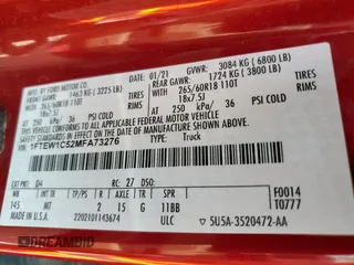 2021 Ford F-150 XL with VIN 1FTEW1C52MFA73276, listed as a Copart auction lot 61730665 with 163,262 mi miles and Salvage title. Bid and sale history available at DreamBid. Image 12.