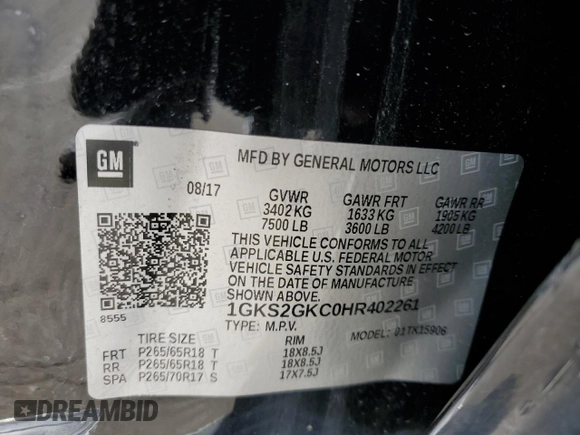 2017 GMC Yukon XL SLT with VIN 1GKS2GKC0HR402261, listed as a Copart auction lot 53301325 with 120,354 mi miles and Salvage Title. Bid and sale history available at carsss.com. Image 13.