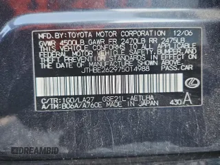 2007 Lexus IS 350 with VIN JTHBE262975014988, listed as a Copart auction lot 59887125 with 135,686 mi miles and Salvage title. Bid and sale history available at DreamBid. Image 12.