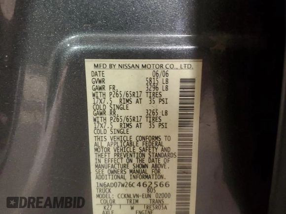 2006 Nissan Frontier SE z VIN 1N6AD07W26C462566, wystawiony jako Copart lot #57869935 z przebiegiem 225 205 mil mil oraz Szkoda całkowita • Salvage title. Historia ofert i sprzedaży dostępna na DreamBid. Obrazek 13.