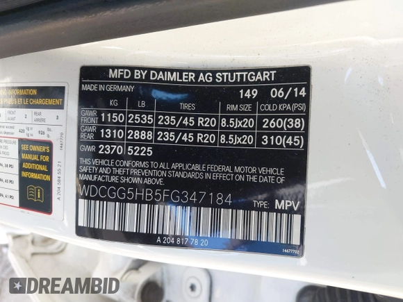 2015 Mercedes-Benz GLK 350 with VIN WDCGG5HB5FG347184, listed as a IAAI auction lot 41770778 with 144,000 mi miles and . Bid and sale history available at DreamBid. Image 9.