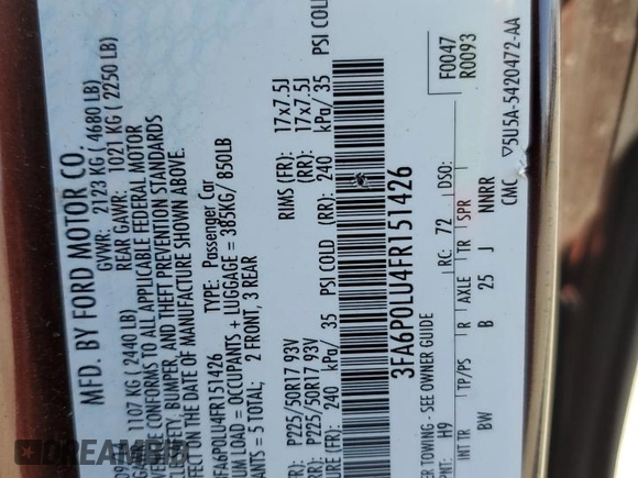 2015 Ford Fusion SE Hybrid with VIN 3FA6P0LU4FR151426, listed as a Copart auction lot 61270135 with 236,223 mi miles and Salvage title. Bid and sale history available at DreamBid. Image 12.