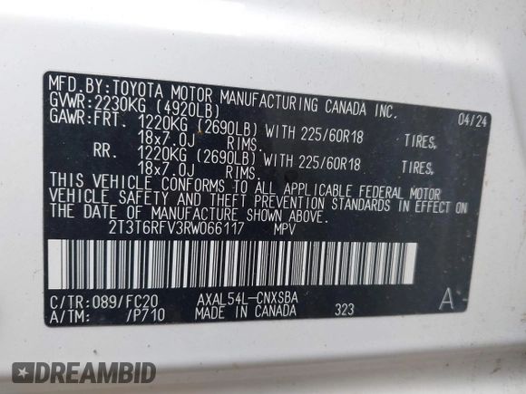 2024 Toyota RAV4 Hybrid SE with VIN 2T3T6RFV3RW066117, listed as a IAAI auction lot 42198742 with 12,352 mi miles and . Bid and sale history available at DreamBid. Image 9.