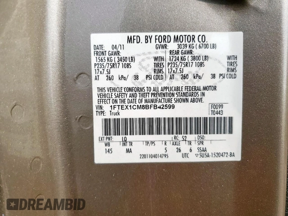2011 Ford F-150 XL with VIN 1FTEX1CM8BFB42599, listed as a Copart auction lot 57656075 with 254,232 mi miles and Clean title. Bid and sale history available at DreamBid. Image 12.
