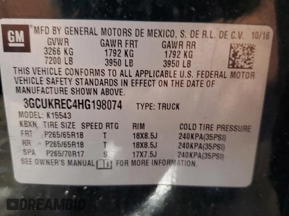 2017 Chevrolet Silverado 1500 LT with VIN 3GCUKREC4HG198074, listed as a Copart auction lot 55319615 with 105,950 mi miles and Salvage Title. Bid and sale history available at DreamBid. Image 12.