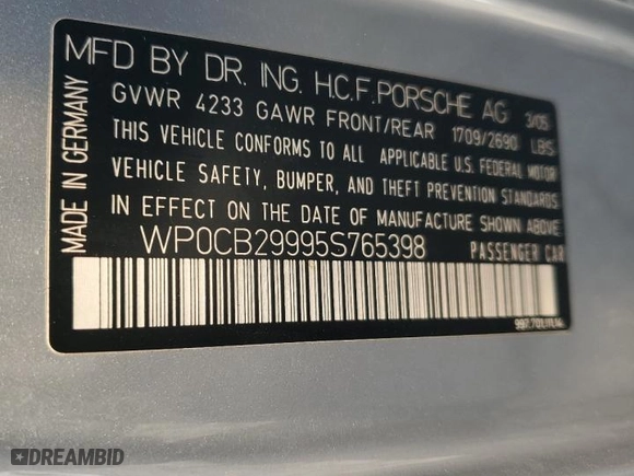 2005 Porsche 911 Carrera S with VIN WP0CB29995S765398, listed as a Copart auction lot 42413555 with 32,993 mi miles and Salvage Title. Bid and sale history available at carsss.com. Image 12.