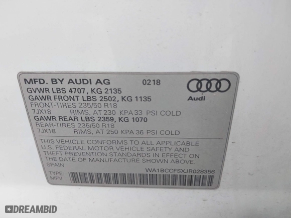 2018 Audi Q3 Premium with VIN WA1BCCFSXJR028356, listed as a IAAI auction lot 41761544 with 82,877 mi miles. Bid and sale history available at carsss.com. Image 9.