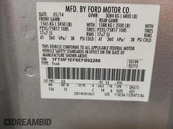 2014 Ford F-150 XL with VIN 1FTMF1EF8EFB92288, listed as a Copart auction lot 58770415 with 65,059 mi miles and Salvage title. Bid and sale history available at DreamBid. Image 12.