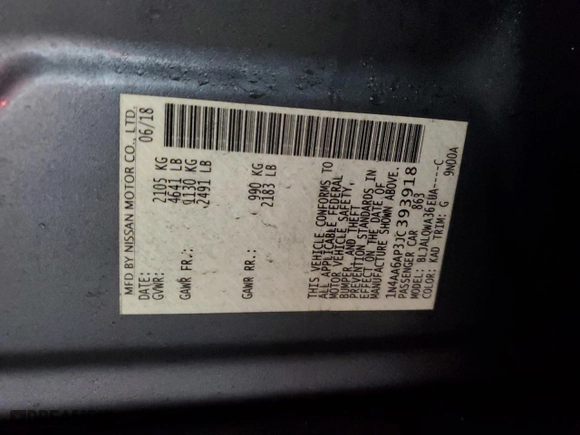 2018 Nissan Maxima S with VIN 1N4AA6AP3JC393918, listed as a Copart auction lot 50344265 with 83,175 mi miles and Salvage Title. Bid and sale history available at carsss.com. Image 13.