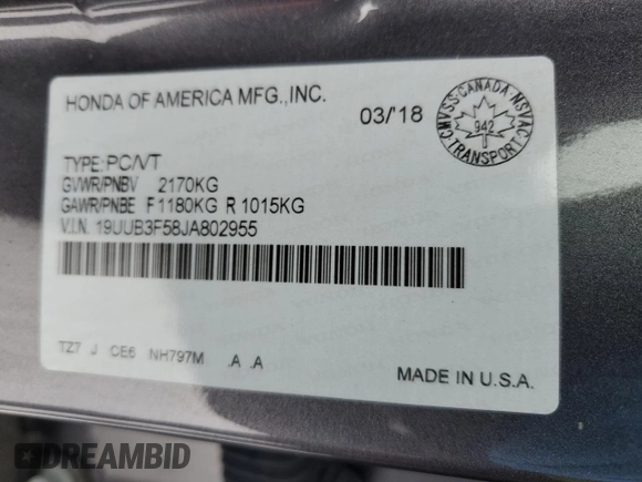 2018 Acura TLX Technology with VIN 19UUB3F58JA802955, listed as a Copart auction lot 44498945 with 128,179 mi miles and Salvage title. Bid and sale history available at DreamBid. Image 12.