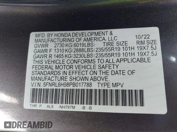 2023 Honda Odyssey Elite с VIN 5FNRL6H98PB017788, выставлен на аукционе IAAI как лот 42312586 с пробегом 16 208 миль миль и . История ставок и продаж доступна на DreamBid. Изображение 9.