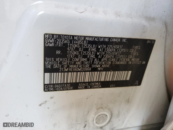 2013 Toyota RAV4 XLE with VIN 2T3WFREV6DW020868, listed as a Copart auction lot 85493634 with 137,834 mi miles and Salvage Title. Bid and sale history available at carsss.com. Image 13.