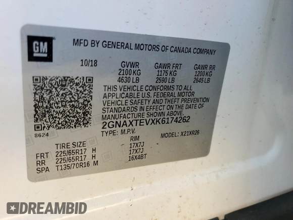 2019 Chevrolet Equinox LT z VIN 2GNAXTEVXK6174262, wystawiony jako Copart lot #43207345 z przebiegiem Nie podano mil oraz Szkoda całkowita • Salvage title. Historia ofert i sprzedaży dostępna na DreamBid. Obrazek 12.