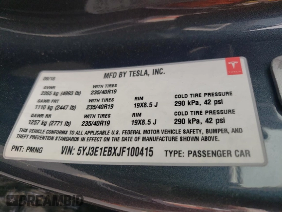 2018 Tesla Model 3 Long Range Battery with VIN 5YJ3E1EBXJF100415, listed as a Copart auction lot 53295825 with Not Provided miles and Salvage Title. Bid and sale history available at DreamBid. Image 12.