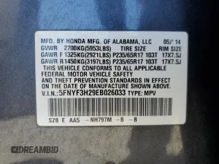 2014 Honda Pilot LX with VIN 5FNYF3H29EB026033, listed as a Copart auction lot 62529725 with 108,984 mi miles and Salvage title. Bid and sale history available at DreamBid. Image 13.