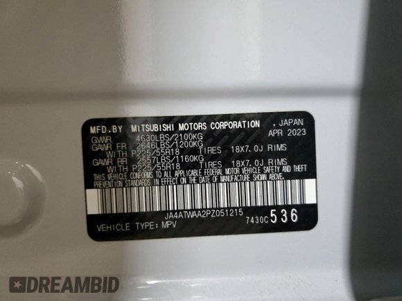 2023 Mitsubishi Eclipse Cross SE с VIN JA4ATWAA2PZ051215, выставлен на аукционе Copart как лот 61580235 с пробегом 21 977 миль миль и Списание • Salvage title. История ставок и продаж доступна на DreamBid. Изображение 13.