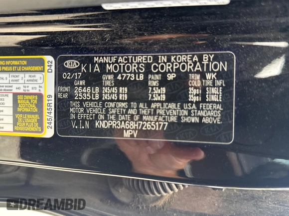 2017 Kia Sportage SX Turbo with VIN KNDPR3A68H7265177, listed as a Copart auction lot 60561175 with 117,330 mi miles and Clean title. Bid and sale history available at DreamBid. Image 10.