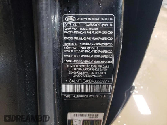 2011 Land Rover Range Rover SC with VIN SALMF1E46BA332032, listed as a Copart auction lot 42714825 with 98,298 mi miles and Salvage title. Bid and sale history available at DreamBid. Image 12.