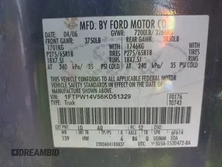 2006 Ford F-150 XLT z VIN 1FTPW14V56KD51329, wystawiony jako IAAI lot #42258454 z przebiegiem 266 152 mil mil oraz . Historia ofert i sprzedaży dostępna na DreamBid. Obrazek 9.