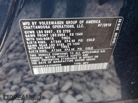 2018 Volkswagen Atlas SE with VIN 1V2LR2CA3JC588588, listed as a Copart auction lot 65305095 with 81,375 mi miles and Clean title. Bid and sale history available at DreamBid. Image 12.