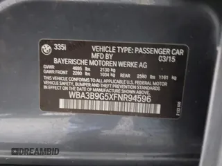 2015 BMW 3 Series 335i xDrive with VIN WBA3B9G5XFNR94596, listed as a IAAI auction lot 41952710 with 101,856 mi miles and . Bid and sale history available at carsss.com. Image 9.