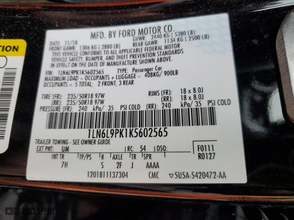 2019 Lincoln Continental Standard with VIN 1LN6L9PK1K5602565, listed as a Copart auction lot 82131704 with 55,406 mi miles and Salvage Title. Bid and sale history available at carsss.com. Image 12.