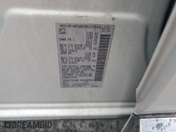 2021 Nissan Murano SV with VIN 5N1AZ2BS6MC104884, listed as a Copart auction lot 47567305 with 36,331 mi miles and Salvage Title. Bid and sale history available at DreamBid. Image 12.