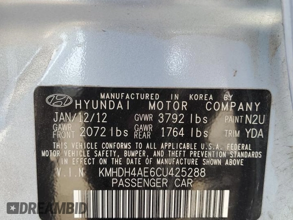 2012 Hyundai Elantra Limited with VIN KMHDH4AE6CU425288, listed as a Copart auction lot 51721515 with 85,174 mi miles and Salvage title. Bid and sale history available at DreamBid. Image 14.