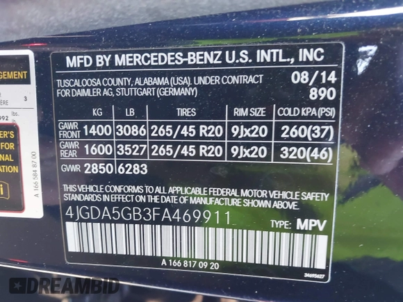 2015 Mercedes-Benz M 400 with VIN 4JGDA5GB3FA469911, listed as a IAAI auction lot 41411088 with 77,308 mi miles and . Bid and sale history available at DreamBid. Image 9.