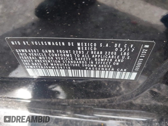 2017 Volkswagen Jetta GLI with VIN 3VW4T7AJ5HM338718, listed as a IAAI auction lot 42096035 with Not provided miles and . Bid and sale history available at DreamBid. Image 9.