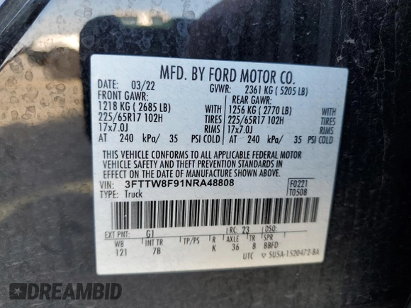 2022 Ford Maverick XL with VIN 3FTTW8F91NRA48808, listed as a Copart auction lot 50828655 with 69,533 mi miles and Salvage Title. Bid and sale history available at DreamBid. Image 12.
