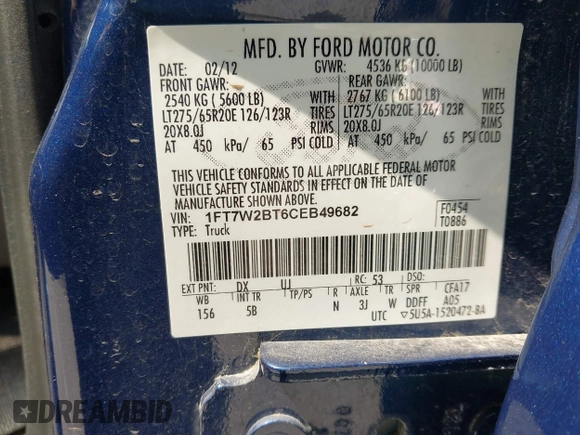 2012 Ford F-250 XL with VIN 1FT7W2BT6CEB49682, listed as a IAAI auction lot 42437060 with 180,587 mi miles and . Bid and sale history available at DreamBid. Image 9.